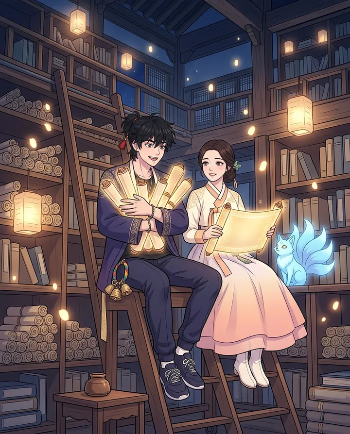 Bom and Yeon on a library ladder in a hanok library full of glowing scrolls