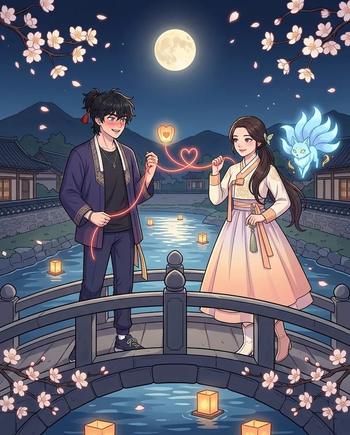 Bom and Yeon on a moonlit bridge, each holding one end of a glowing red thread between two heart lanterns