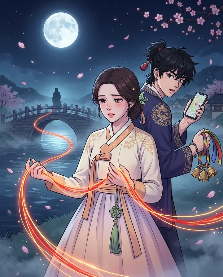 Yeon holds a glowing red thread that leads to a figure walking away over a moonlit bridge