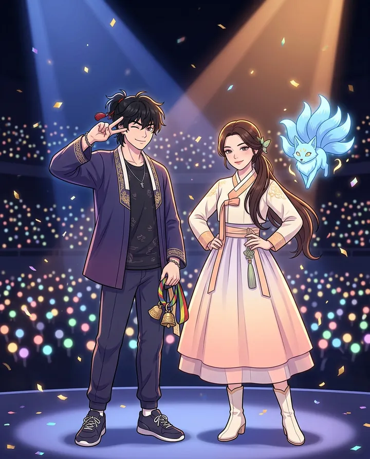 Bom and Yeon striking an idol pose on a concert stage under crossing spotlights