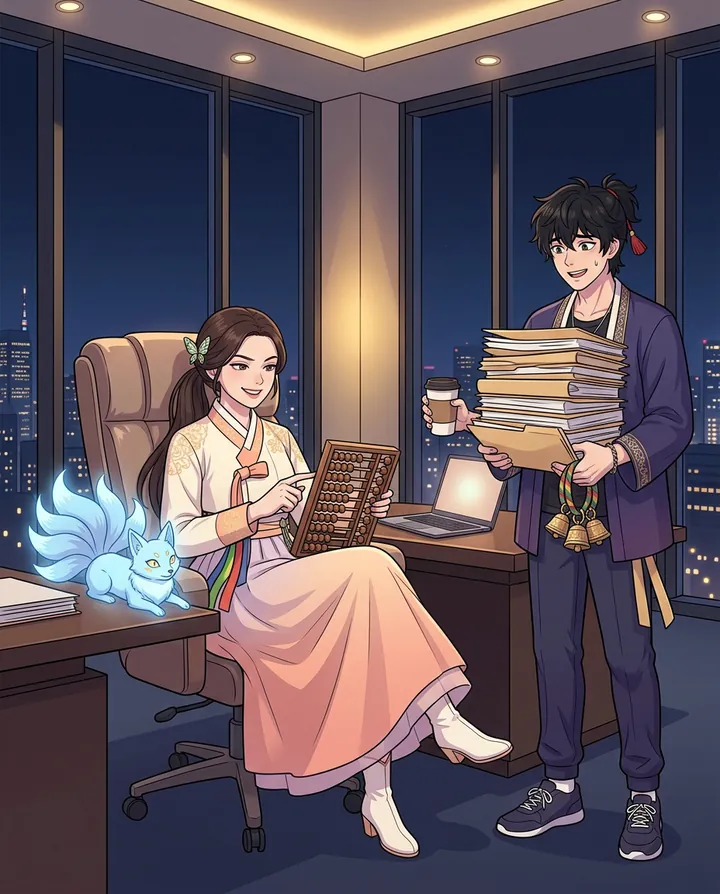 Yeon at a night office desk flicking an abacus while Bom carries a tall stack of folders