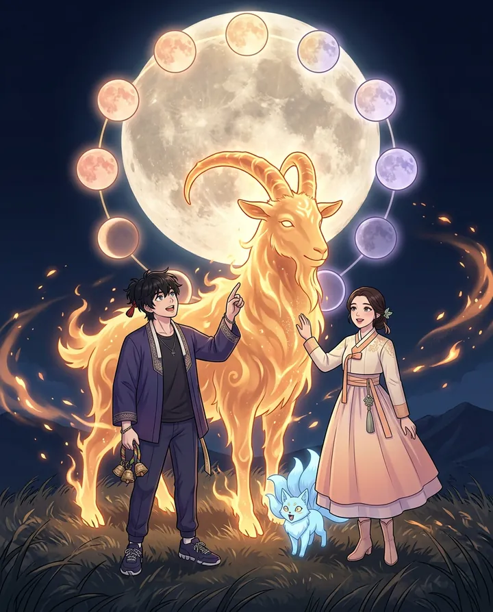 A glowing fire goat spirit under a full moon ringed by twelve small lights, with Bom and Yeon